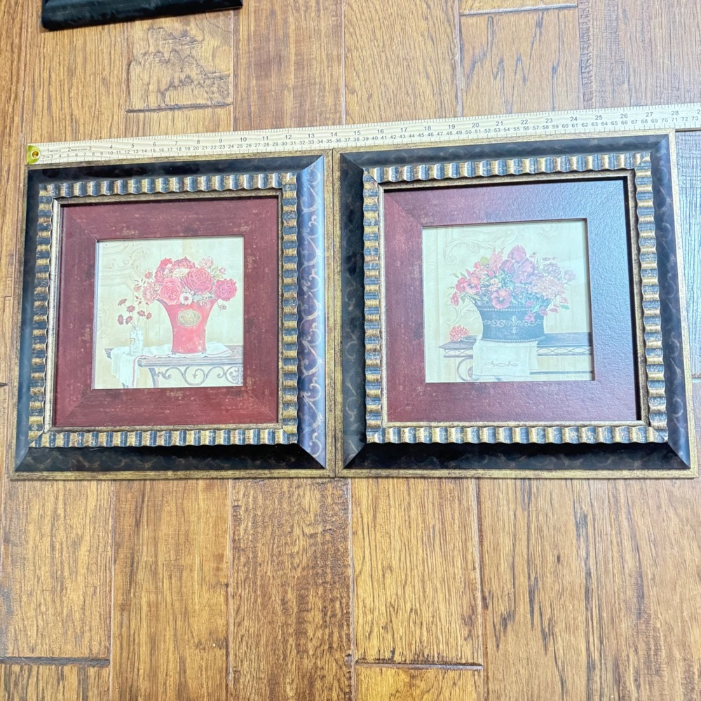 Set of 2 Vintage 90s Floral Art Prints Framed Made in Canada 12.5x12.5 Burgundy